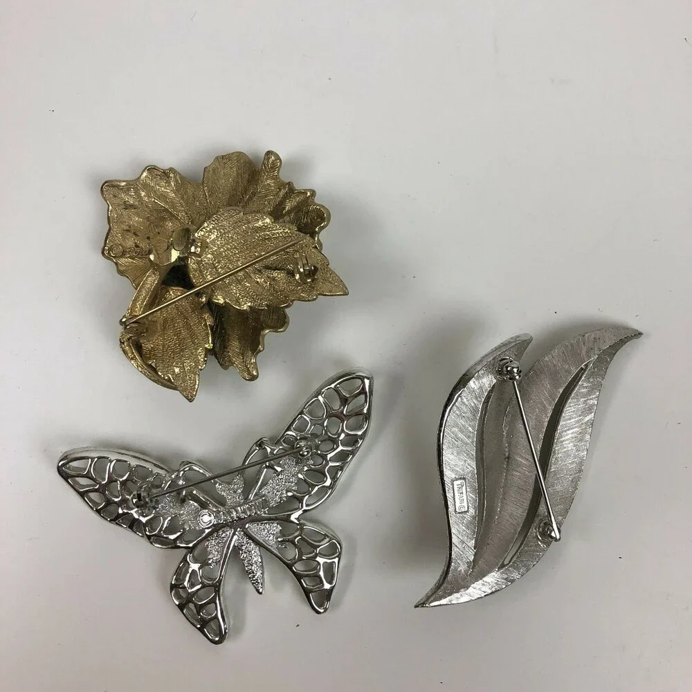 VTG 3pc Lot Trifari Sarah Coventry Brooch Enamel Flower Silver Butterfly Leaf